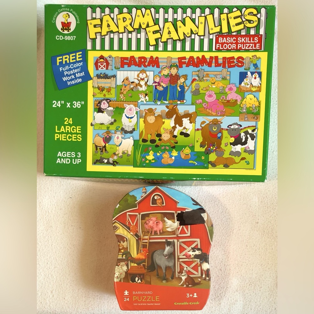 2 Farm Puzzles: Farm Families Floor Puzzle and Barnyard Puzzle Both 24 Pieces.